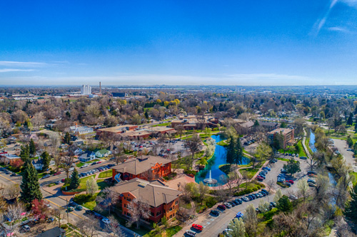 An aerial view of Loveland with the Civic Center visible in the background.