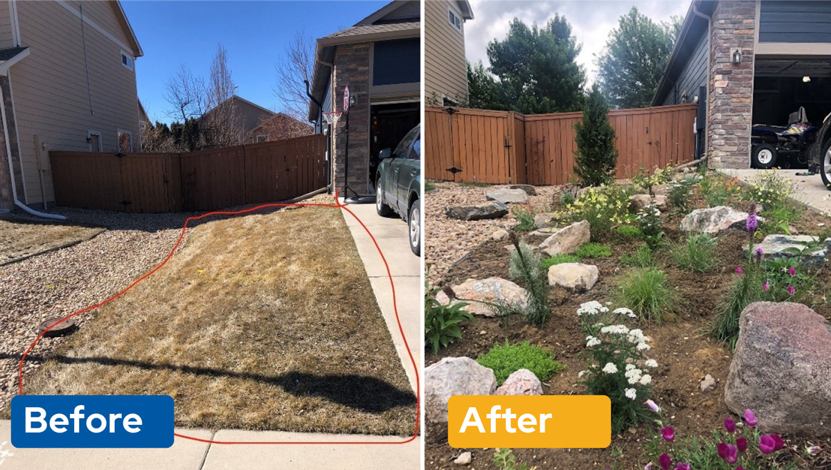 Side by side comparison photographs of a front lawn. The photo on the left shows sod and the photo on the right contains no sod, but instead a variety of rocks, mulch and other plants.