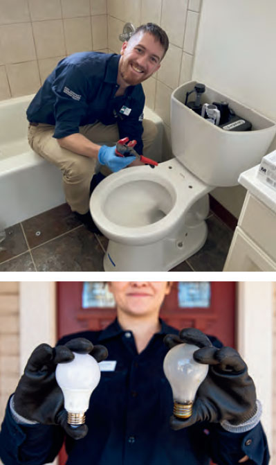 Two photos. The top photograph shows a person sitting on the edge of a tub while smiling at the camera and performing maintenance on a toilet. The bottom photograph shows one person holding two light bulbs, one LED and one incandescent.