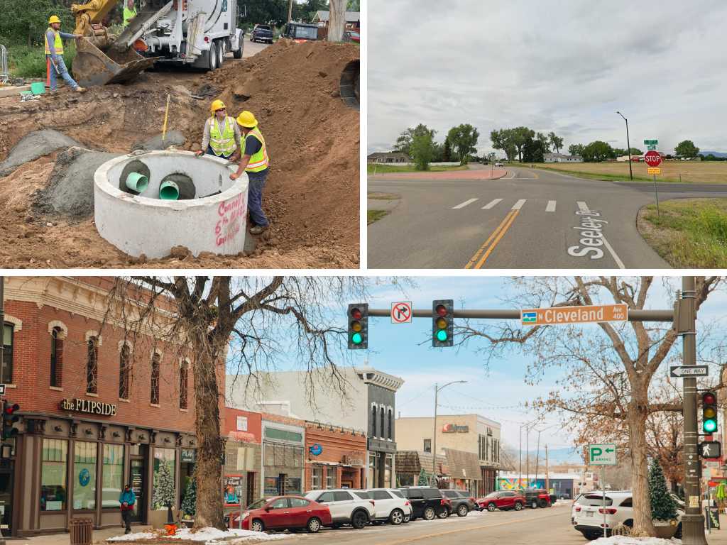 A grid of three photos. In the first, several people wearing high visibility vests stand in a large pit next to a large pipe. The second and third are street view photos.